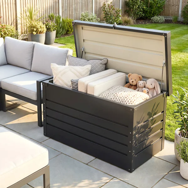 Metalen Tuinbox 350L Kussenbox Met Dubbelwandige Deksel 120 X 61 X 62 Cm Waterdicht Afsluitbaar Grijs