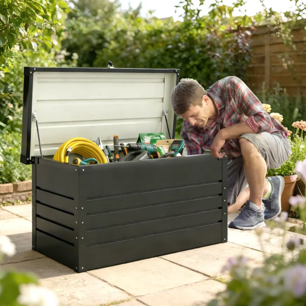 Metalen Tuinbox 350L Kussenbox Met Dubbelwandige Deksel 120 X 61 X 62 Cm Waterdicht Afsluitbaar Grijs
