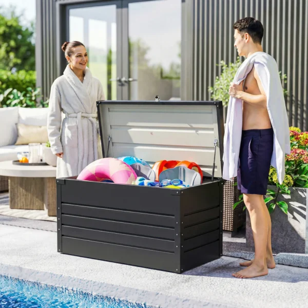 Metalen Tuinbox 350L Kussenbox Met Dubbelwandige Deksel 120 X 61 X 62 Cm Waterdicht Afsluitbaar Grijs