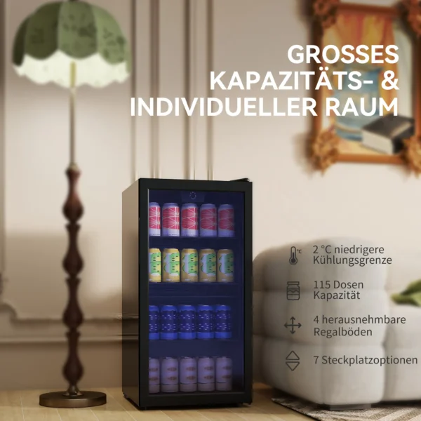 Mini Koelkast 93L Koelbox Met Glazen Deur, Verstelbare Planken, LED, Temperatuurregeling, 47,2 X 43,7 X 83,3 Cm Zwart