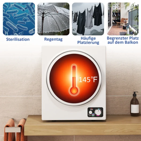 Mini Wasdroger 4 Kg Met 4 Programma's, 2 Verwarmingsniveaus, Sterilisatie Tot 65℃ 850W Voor Kleding