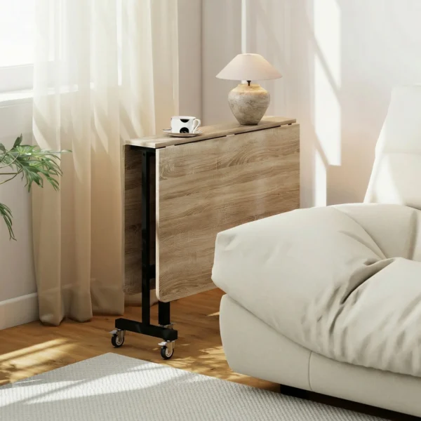Mobiele Klaptafel Met 6 Wielen En Remmen, Opvouwbare Keukeneettafel Voor Kleine Ruimtes, Eiken