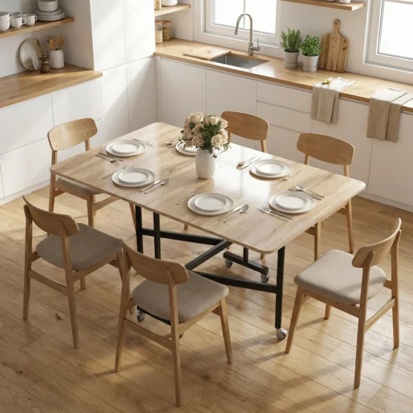 Mobiele Klaptafel Met 6 Wielen En Remmen, Opvouwbare Keukeneettafel Voor Kleine Ruimtes, Eiken