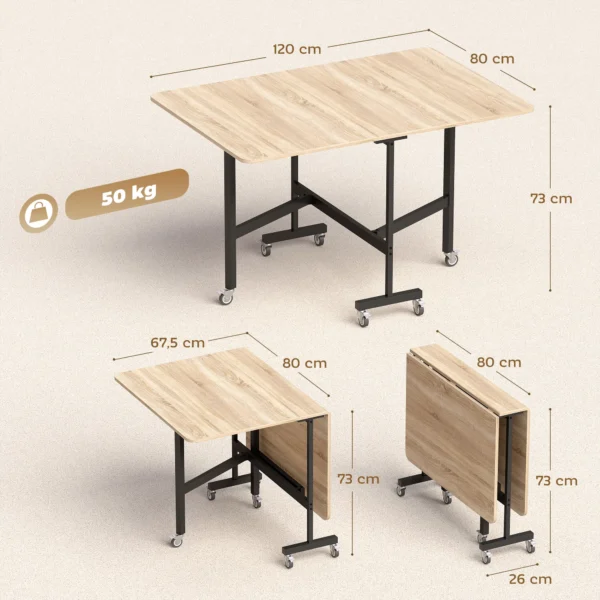 Mobiele Klaptafel Met 6 Wielen En Remmen, Opvouwbare Keukeneettafel Voor Kleine Ruimtes, Eiken