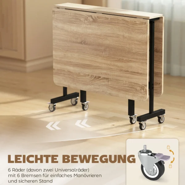 Mobiele Klaptafel Met 6 Wielen En Remmen, Opvouwbare Keukeneettafel Voor Kleine Ruimtes, Eiken