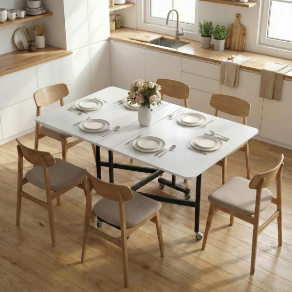 Mobiele Klaptafel Met 6 Wielen En Remmen, Opvouwbare Keukeneettafel Voor Kleine Ruimtes, Wit