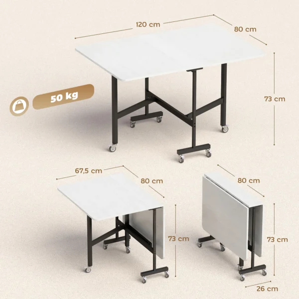 Mobiele Klaptafel Met 6 Wielen En Remmen, Opvouwbare Keukeneettafel Voor Kleine Ruimtes, Wit