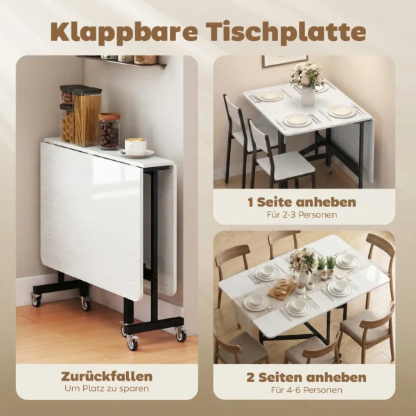 Mobiele Klaptafel Met 6 Wielen En Remmen, Opvouwbare Keukeneettafel Voor Kleine Ruimtes, Wit