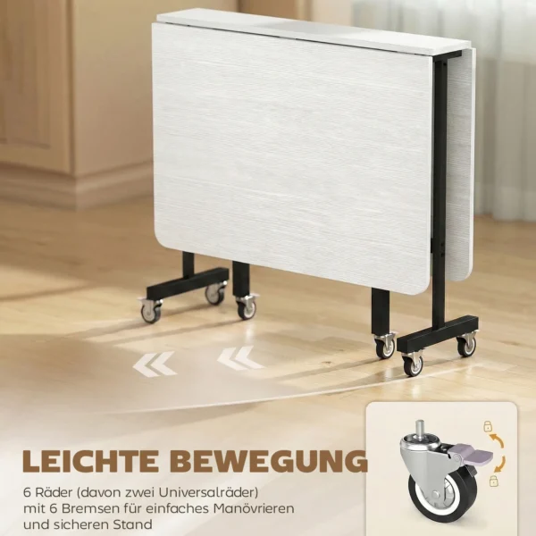 Mobiele Klaptafel Met 6 Wielen En Remmen, Opvouwbare Keukeneettafel Voor Kleine Ruimtes, Wit