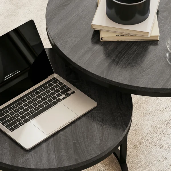 Modern Koffietafel 2 Delig Set, Stapelbare Bijzettafels Met Metalen Frame Voor Woonkamer, Slaapkamer, Kantoor, Zwart