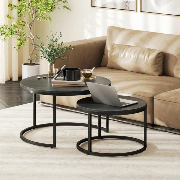 Modern Koffietafel 2 Delig Set, Stapelbare Bijzettafels Met Metalen Frame Voor Woonkamer, Slaapkamer, Kantoor, Zwart