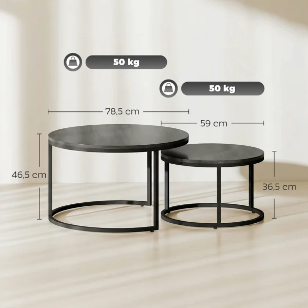 Modern Koffietafel 2 Delig Set, Stapelbare Bijzettafels Met Metalen Frame Voor Woonkamer, Slaapkamer, Kantoor, Zwart