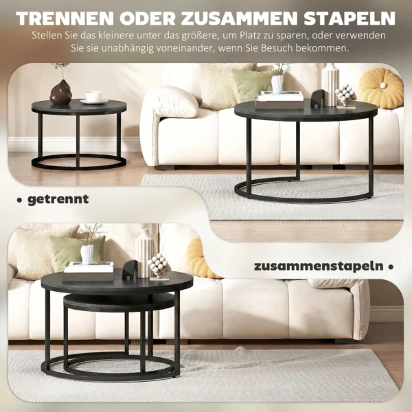 Modern Koffietafel 2 Delig Set, Stapelbare Bijzettafels Met Metalen Frame Voor Woonkamer, Slaapkamer, Kantoor, Zwart
