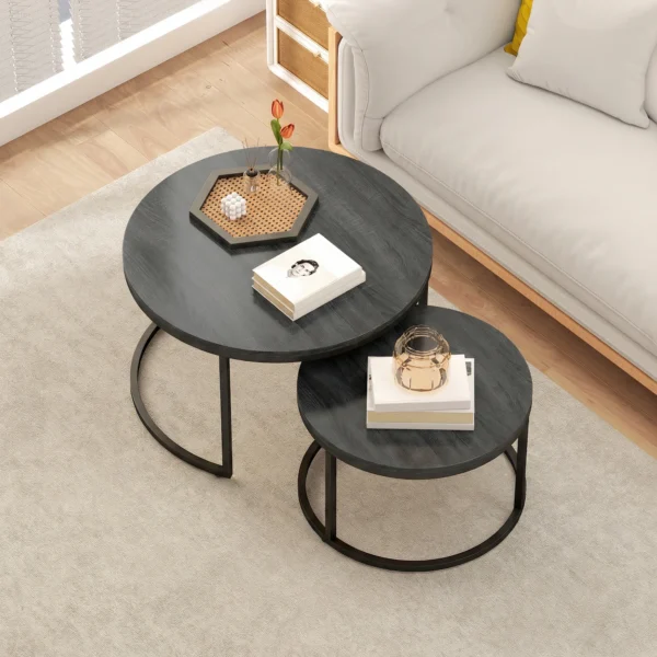 Modern Koffietafel 2 Delig Set, Stapelbare Bijzettafels Met Metalen Frame Voor Woonkamer, Slaapkamer, Kantoor, Zwart