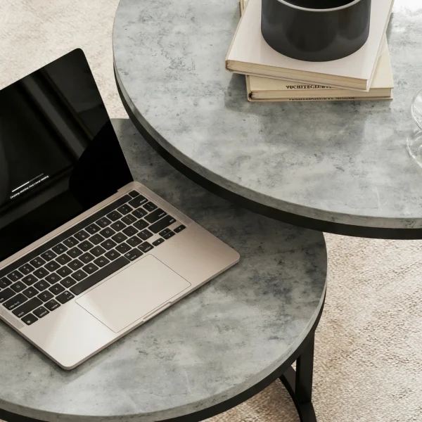 Modern Koffietafel 2 Delige Set, Stapelbare Bijzettafels Met Metalen Frame Voor Woonkamer, Slaapkamer, Kantoor, Grijs