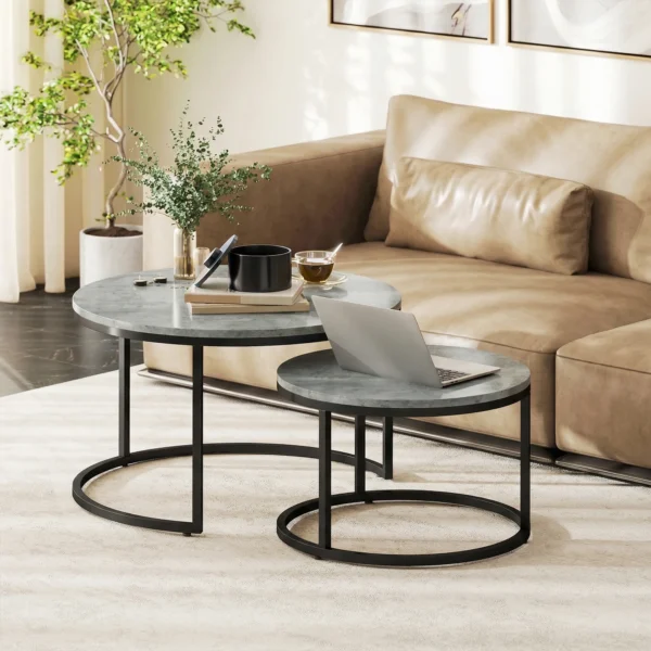 Modern Koffietafel 2 Delige Set, Stapelbare Bijzettafels Met Metalen Frame Voor Woonkamer, Slaapkamer, Kantoor, Grijs