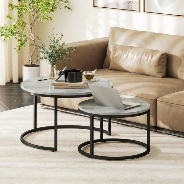 Modern Koffietafel 2 delige Set, Stapelbare Bijzettafels Met Metalen Frame Voor Woonkamer, Slaapkamer, Kantoor, Grijs