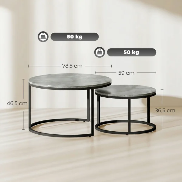 Modern Koffietafel 2 Delige Set, Stapelbare Bijzettafels Met Metalen Frame Voor Woonkamer, Slaapkamer, Kantoor, Grijs
