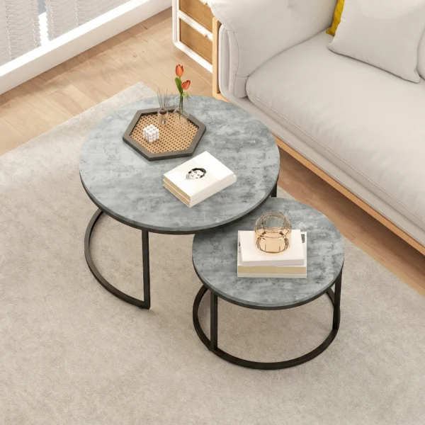 Modern Koffietafel 2 Delige Set, Stapelbare Bijzettafels Met Metalen Frame Voor Woonkamer, Slaapkamer, Kantoor, Grijs