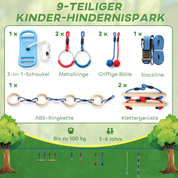 Ninja Line Kinder 10m 9 delige Slackline Set Met 2 Gymnastiekringen 3 in 1 Schommel 2 Klimstangen Voor 3 8 Jaar Meerkleurig