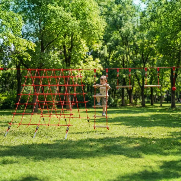 Ninja Line Kinder 10m Slackline Set Met Gymnastiekringen Schommel Klimladder Klimnet Voor 3 6 Jaar 1000x300x180 Cm Rood