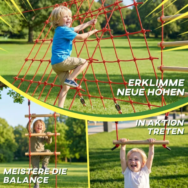 Ninja Line Kinder 10m Slackline Set Met Gymnastiekringen Schommel Klimladder Klimnet Voor 3 6 Jaar 1000x300x180 Cm Rood