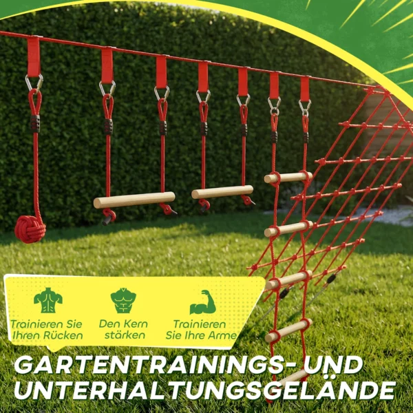 Ninja Line Kinder 10m Slackline Set Met Gymnastiekringen Schommel Klimladder Klimnet Voor 3 6 Jaar 1000x300x180 Cm Rood