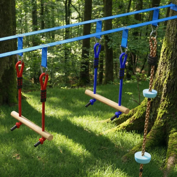 Ninja Line Kinder 24 M Slackline Set Met Gymnastiekringen 7 Obstakels Klimstang Balansbrug Voor 3 6 Jaar Rood+Blauw