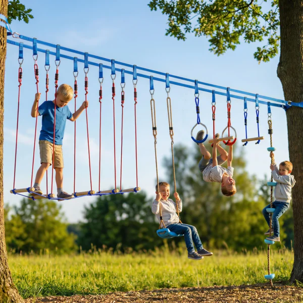Ninja Line Kinder 24 M Slackline Set Met Gymnastiekringen 7 Obstakels Klimstang Balansbrug Voor 3 6 Jaar Rood+Blauw