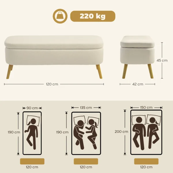 Opbergbank, Zitbank Met 65 L Opbergruimte, Teddy vliesstof, Rubberhout, 120 X 42 X 45 Cm, Beige