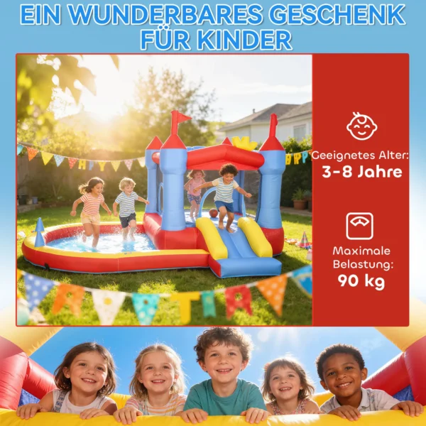 Opblaasbaar Springkasteel Met Blower Glijbaan Trampoline Pierenbad/Ballenbak Waterpistool 342x255x209 Cm Blauw