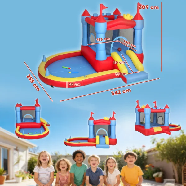 Opblaasbaar Springkasteel Met Blower Glijbaan Trampoline Pierenbad/Ballenbak Waterpistool 342x255x209 Cm Blauw