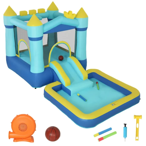 Opblaasbaar Springkasteel Speelcentrum Met Blower Glijbaan Trampoline Pierenbadje/Ballenbak Waterpistool 364x173x182 Cm Blauw