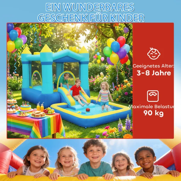 Opblaasbaar Springkasteel Speelcentrum Met Blower Glijbaan Trampoline Pierenbadje/Ballenbak Waterpistool 364x173x182 Cm Blauw