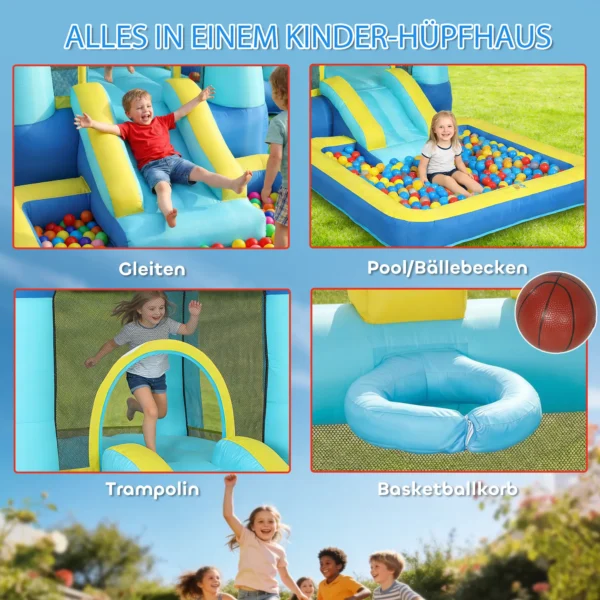 Opblaasbaar Springkasteel Speelcentrum Met Blower Glijbaan Trampoline Pierenbadje/Ballenbak Waterpistool 364x173x182 Cm Blauw