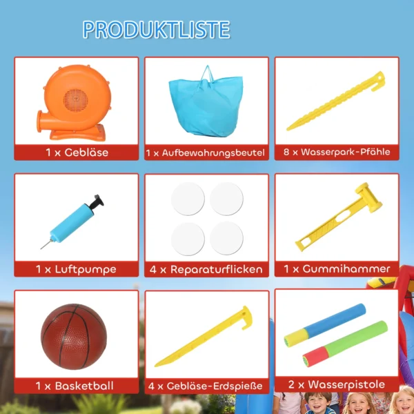 Opblaasbaar Springkasteel Speelcentrum Met Blower Glijbaan Trampoline Pierenbadje/Ballenbak Waterpistool 364x173x182 Cm Blauw