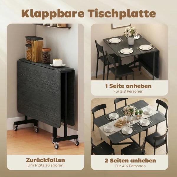 Opklapbare Eettafel Keukentafel Voor 4 6 Personen Met 6 Wielen Mobiele Klaptafel Voor Kleine Ruimtes 120x80x73 Cm Zwart