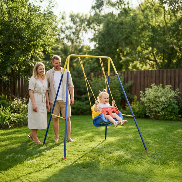 Opvouwbaar Schommelframe Met A frame, 2 Haken, 4 Grondankers, Voor Kinderen Van 9 Maanden Tot 8 Jaar 128x155x157 Cm Blauw
