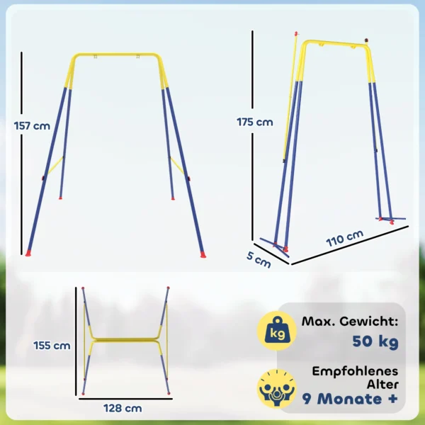 Opvouwbaar Schommelframe Met A frame, 2 Haken, 4 Grondankers, Voor Kinderen Van 9 Maanden Tot 8 Jaar 128x155x157 Cm Blauw