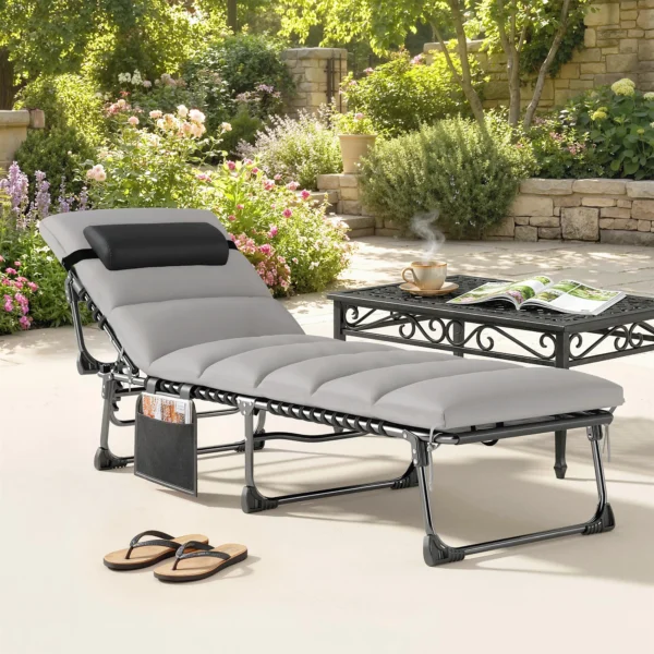 Opvouwbare Draagbare Tuinligstoel Met 5 voudig Verstelbare Rugleuning, Gevoerde Matras En Hoofdsteun