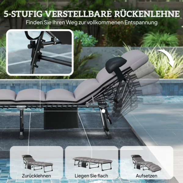 Opvouwbare Draagbare Tuinligstoel Met 5 voudig Verstelbare Rugleuning, Gevoerde Matras En Hoofdsteun