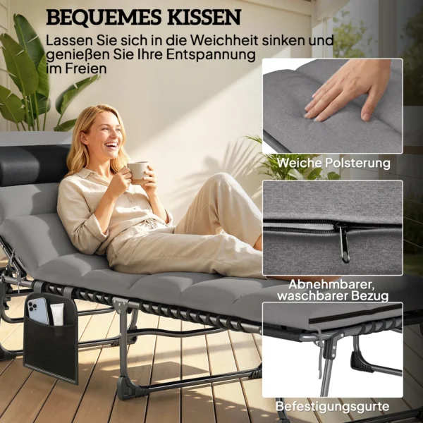 Opvouwbare Draagbare Tuinligstoel Met 5 voudig Verstelbare Rugleuning, Gevoerde Matras En Hoofdsteun