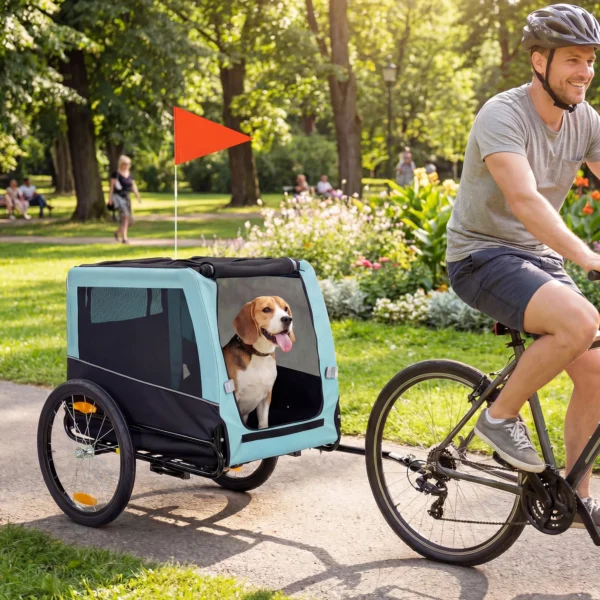 Opvouwbare Fietskar Met Veiligheidsreflectoren, Lijn, Voor Middelgrote Honden Tot 20 Kg 143 X 70 X 90 Cm Lichtblauw