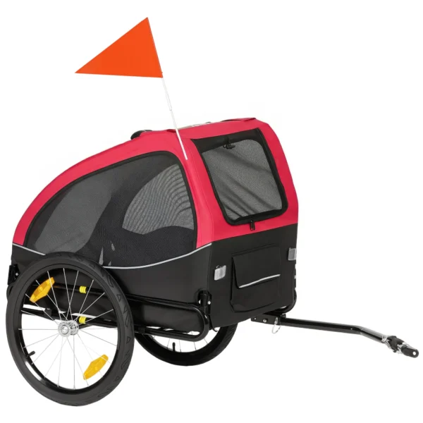 Opvouwbare Hondenaanhanger Met Reflectoren, Gaasraam, Wielen, Deur, Veiligheidsvlag Voor Honden Tot 20 Kg 138x70x89 Cm Rood