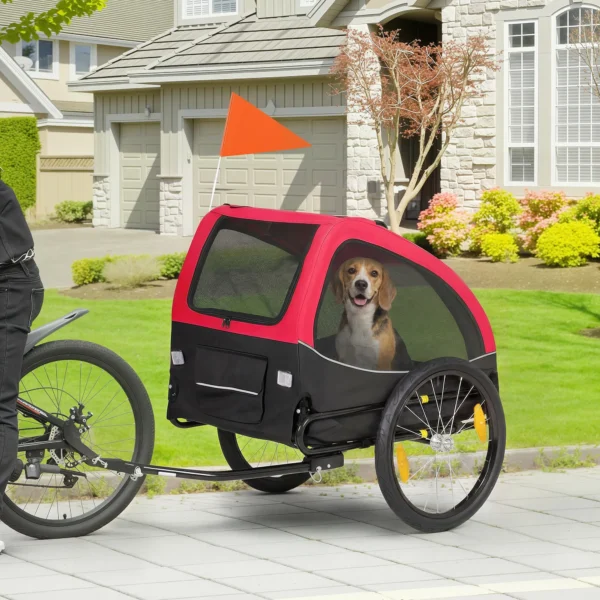 Opvouwbare Hondenaanhanger Met Reflectoren, Gaasraam, Wielen, Deur, Veiligheidsvlag Voor Honden Tot 20 Kg 138x70x89 Cm Rood