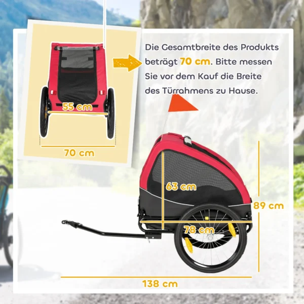 Opvouwbare Hondenaanhanger Met Reflectoren, Gaasraam, Wielen, Deur, Veiligheidsvlag Voor Honden Tot 20 Kg 138x70x89 Cm Rood