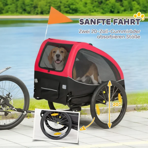 Opvouwbare Hondenaanhanger Met Reflectoren, Gaasraam, Wielen, Deur, Veiligheidsvlag Voor Honden Tot 20 Kg 138x70x89 Cm Rood
