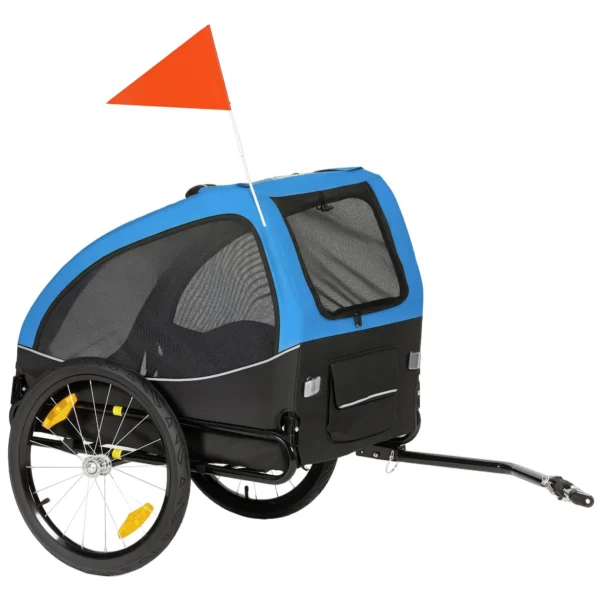 Opvouwbare Hondenkar Met Reflectoren, Mesh Raam, Wielen, Deur, Veiligheidsvlag Voor Honden Tot 20 Kg 138x70x89 Cm Blauw