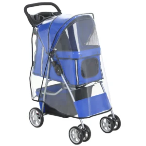 Opvouwbare Hondenwagen Katwagen Tot 10kg Met Regenbescherming Reflecterende Strepen Opbergmand 77x44x102cm Blauw
