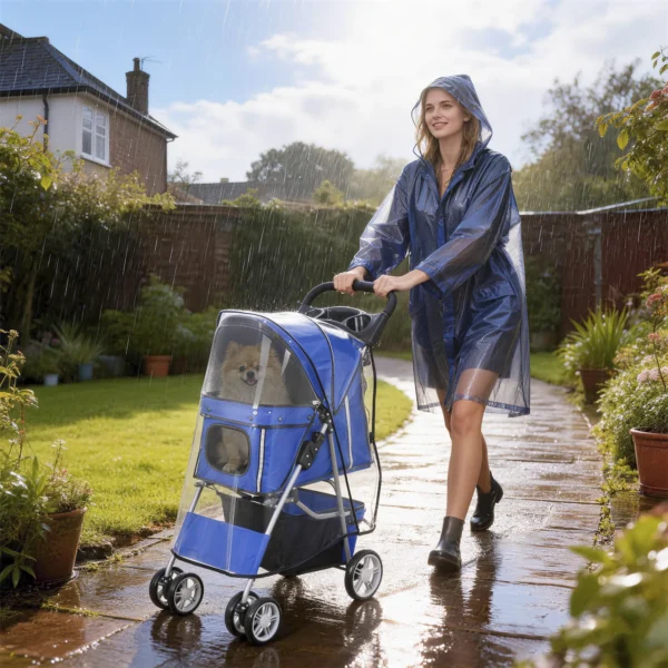 Opvouwbare Hondenwagen Katwagen Tot 10kg Met Regenbescherming Reflecterende Strepen Opbergmand 77x44x102cm Blauw
